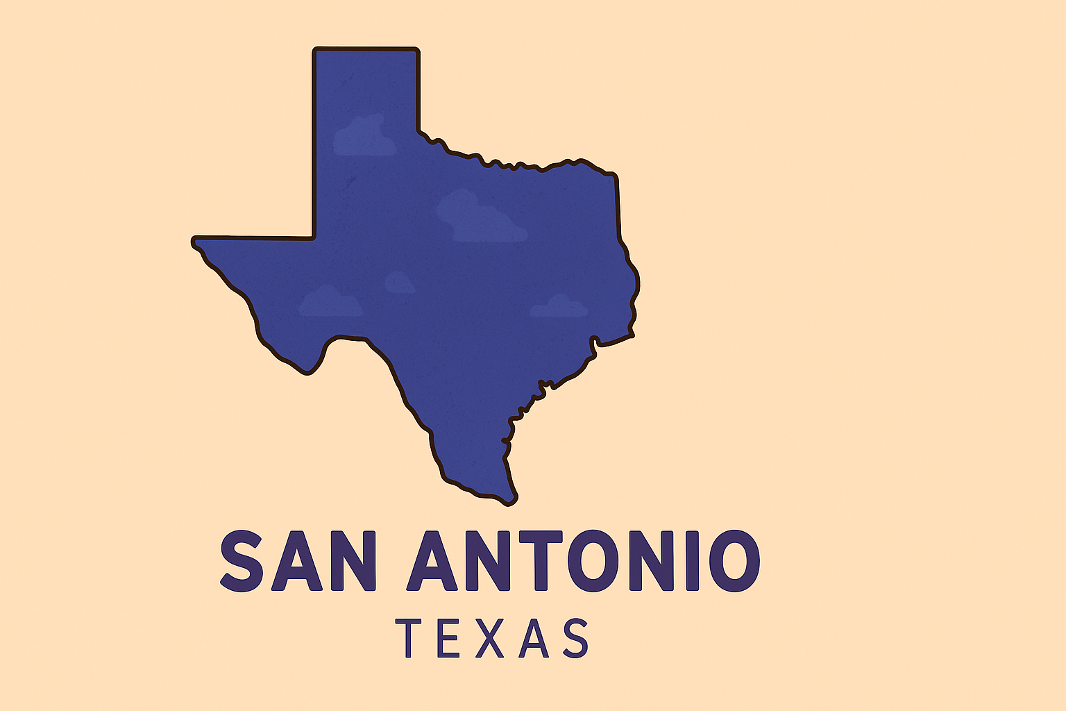 Cartoon-style map of Texas in blue with clouds and bold text "San Antonio Texas" beneath.