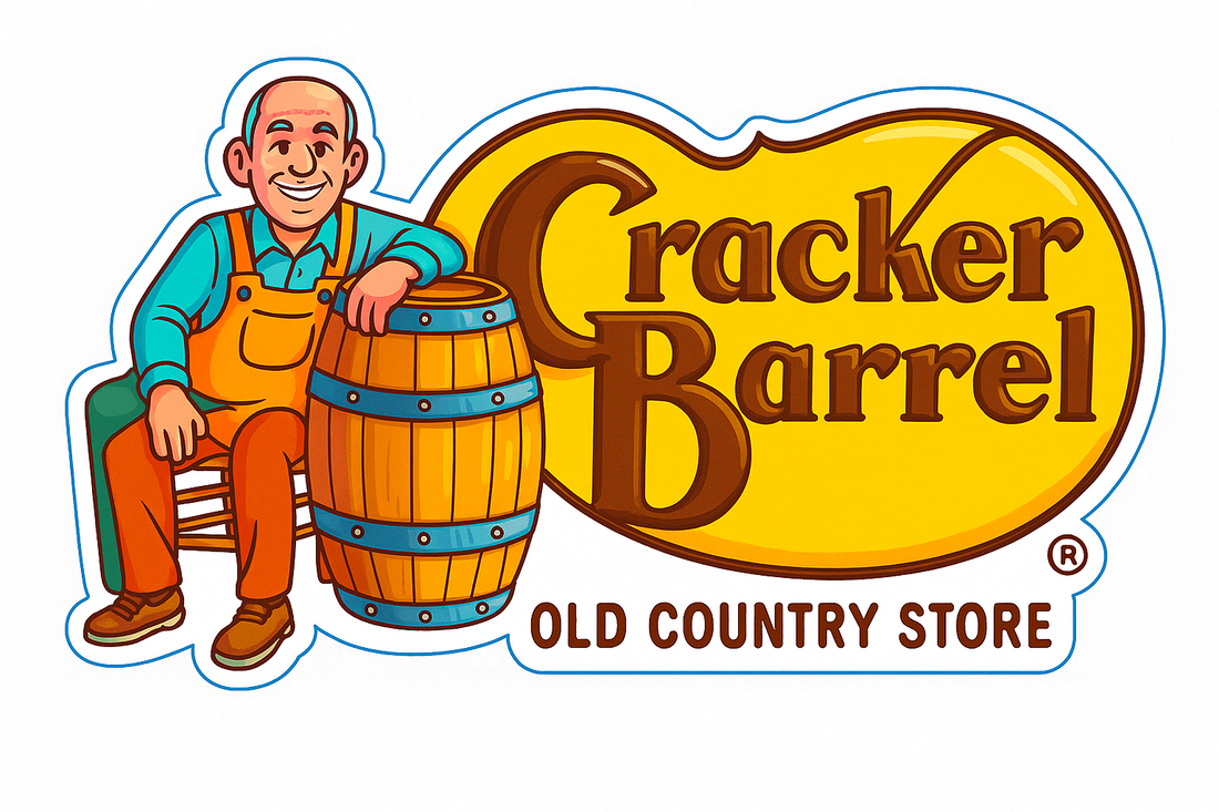 Cartoon-style Cracker Barrel logo showing a smiling man in vintage attire sitting next to a wooden barrel with the brand name and tagline "Old Country Store."