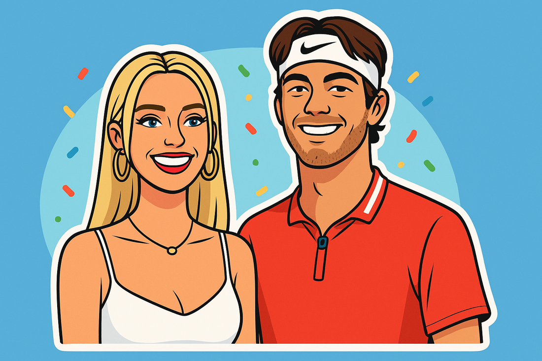 Illustration sticker of tennis player Taylor Fritz and influencer Morgan Riddle together, designed in a vibrant cartoon style.