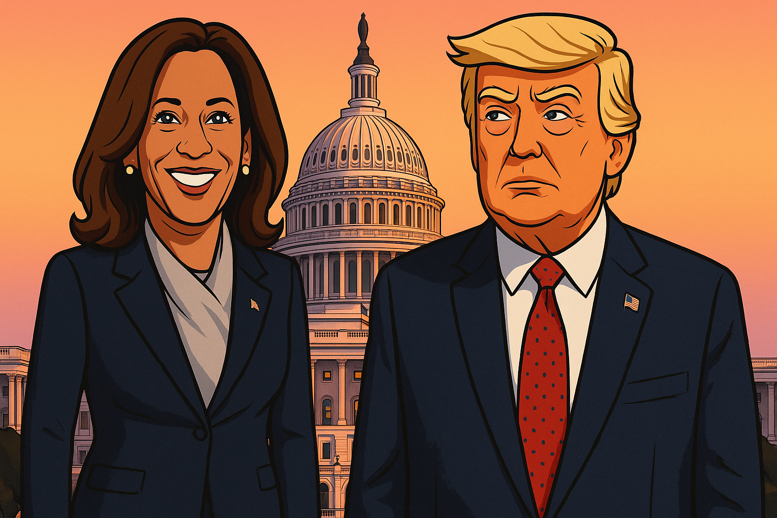 Political artwork showing Trump and Harris outlined in bold colors with the Capitol dome in the background.
