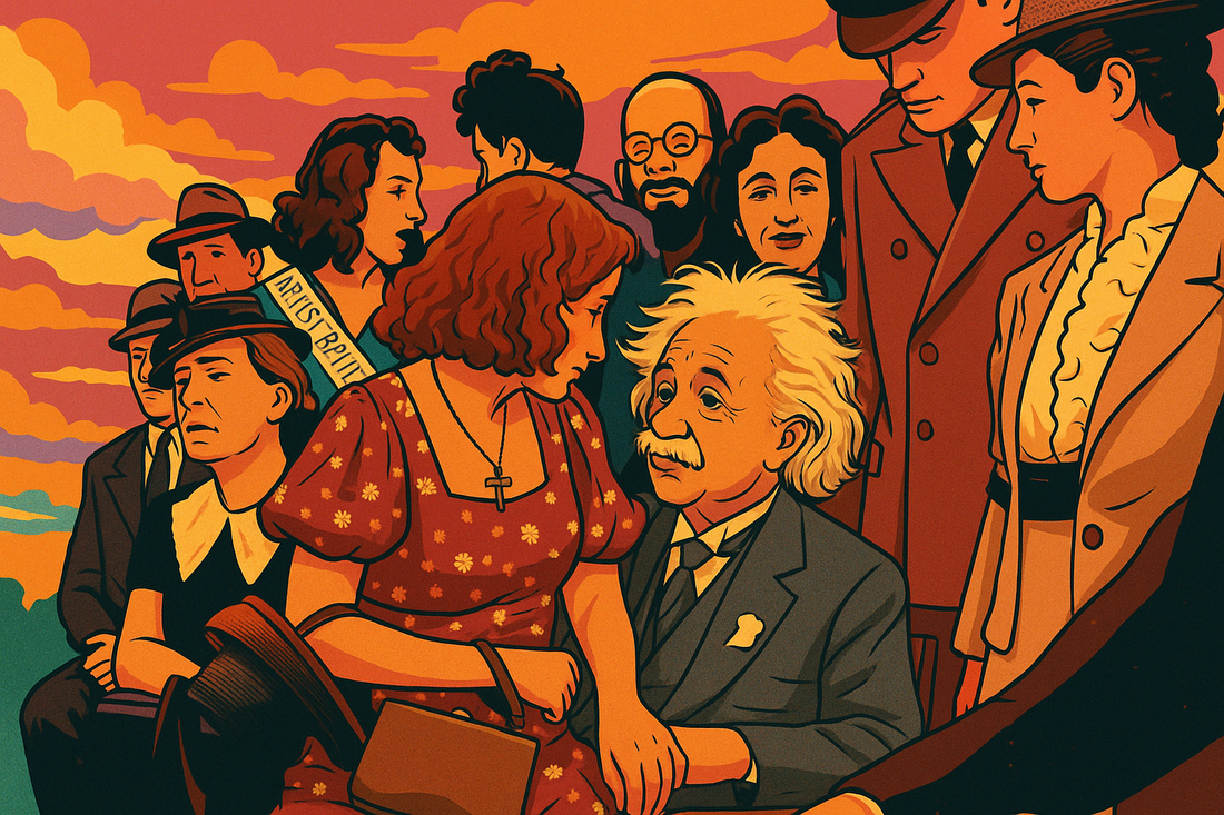 Historic black-and-white photo of Albert Einstein seated with Margot Einstein at the Palestine Pavilion