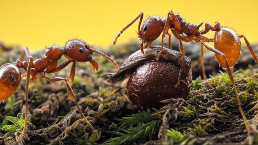 Close-up of harvester ants handling seeds to prevent germination in soil with flowers nearby.