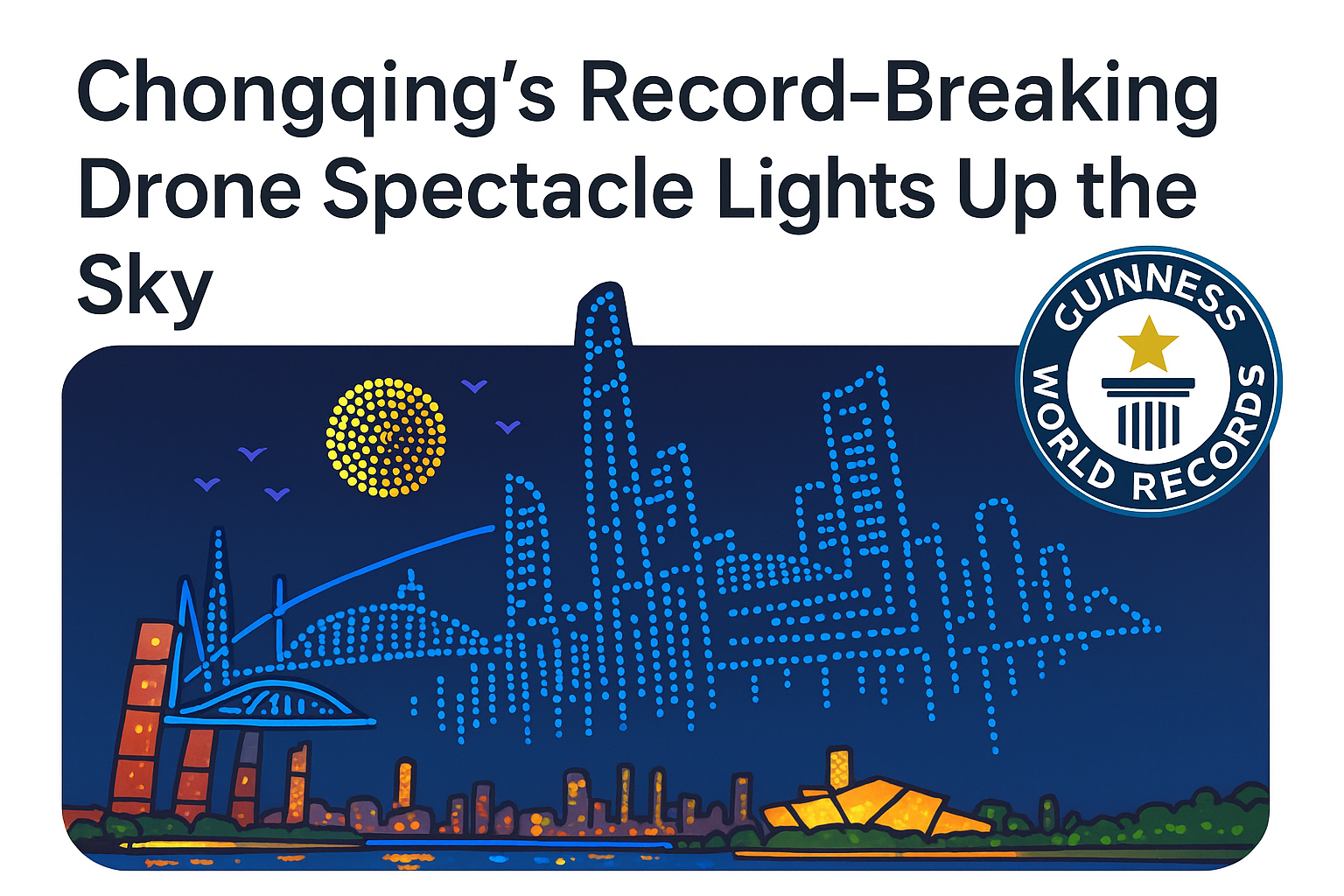 Record-breaking drone spectacle in Chongqing, China, featuring synchronized LED drones forming artistic shapes in the night sky.