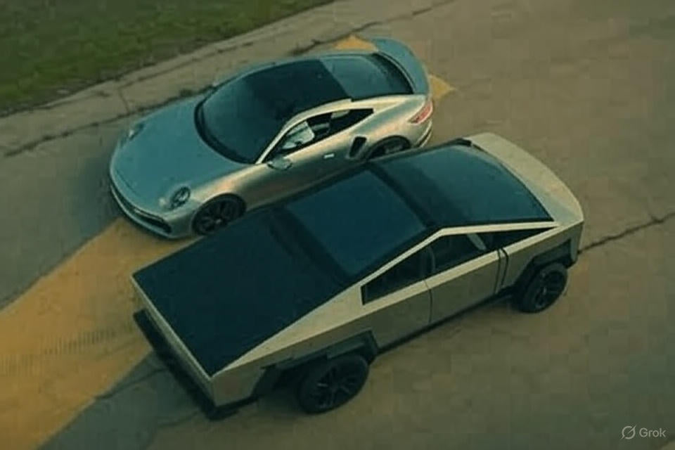 Cybertruck vs Porsche 911 quarter-mile race showing Tesla EV towing performance