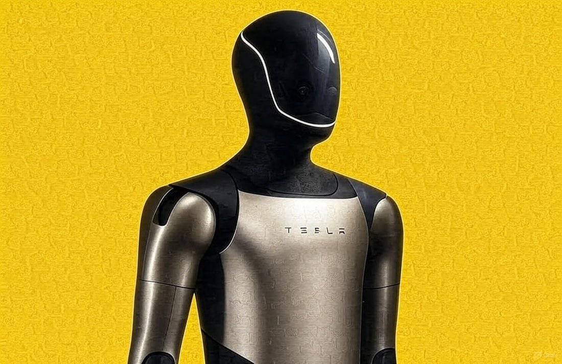 Optimus 2.5 robot standing near futuristic charging base during Tesla demonstration.