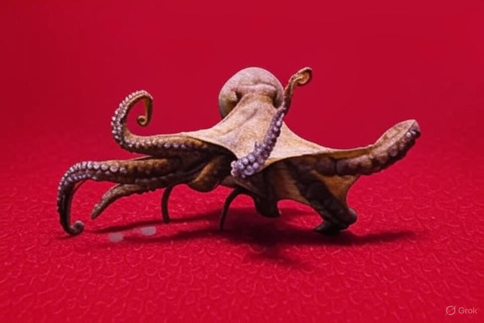 Underwater scene showing an intelligent octopus assisting a diver during repairs