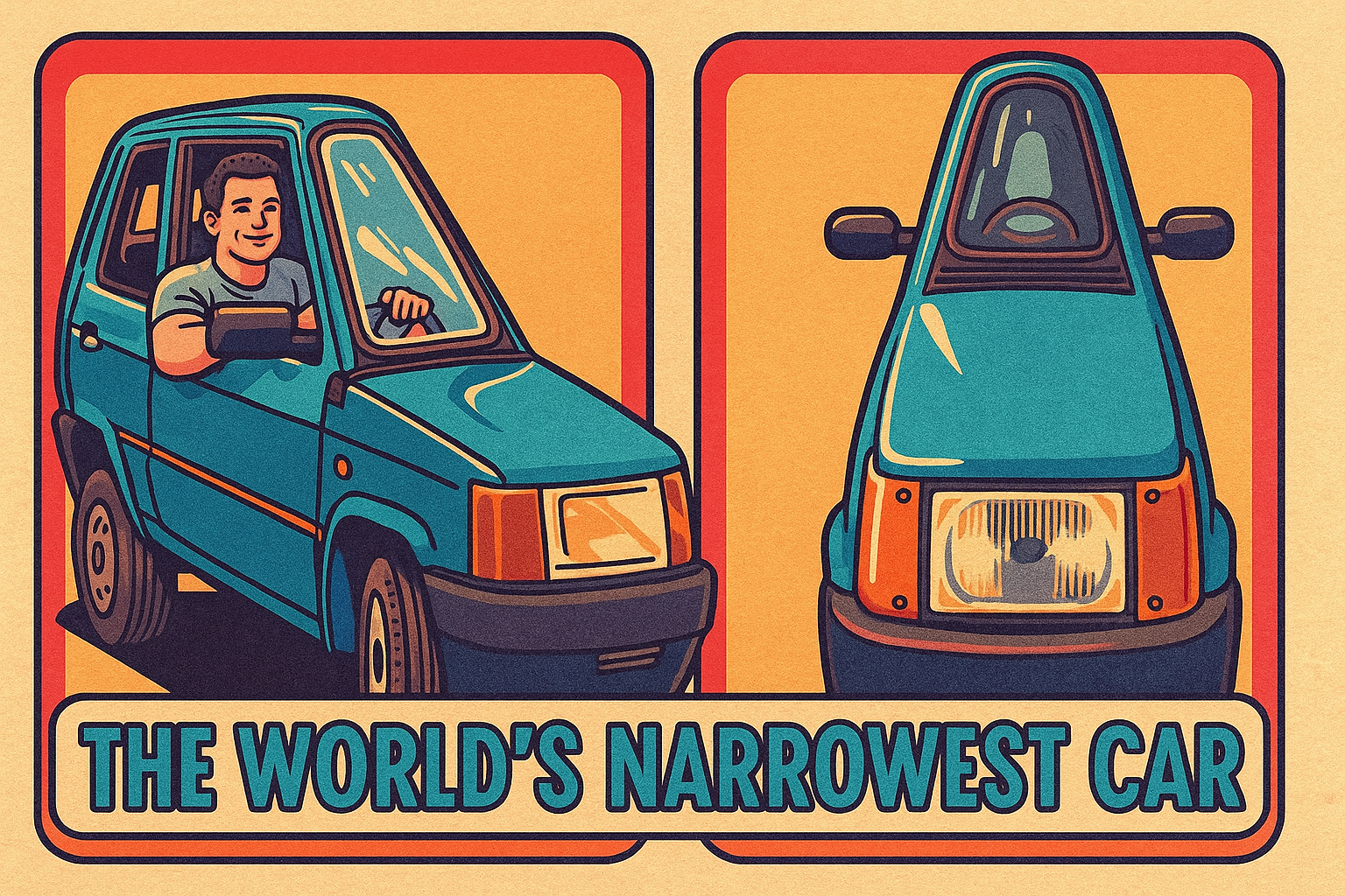 Custom-built turquoise microcar maneuvering through tight streets