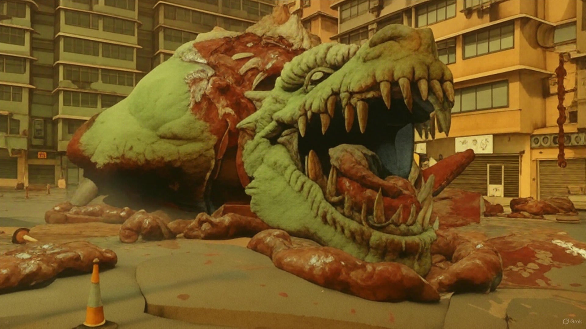 Satirical simulation game Kaiju Cleanup with tools, debris, and cartoonish kaiju remains