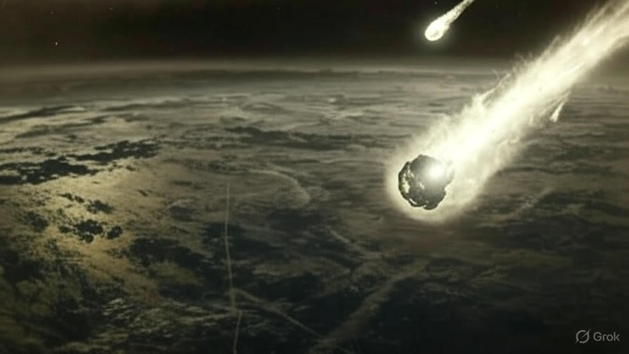 Space view of rugged asteroid threatening lunar surface