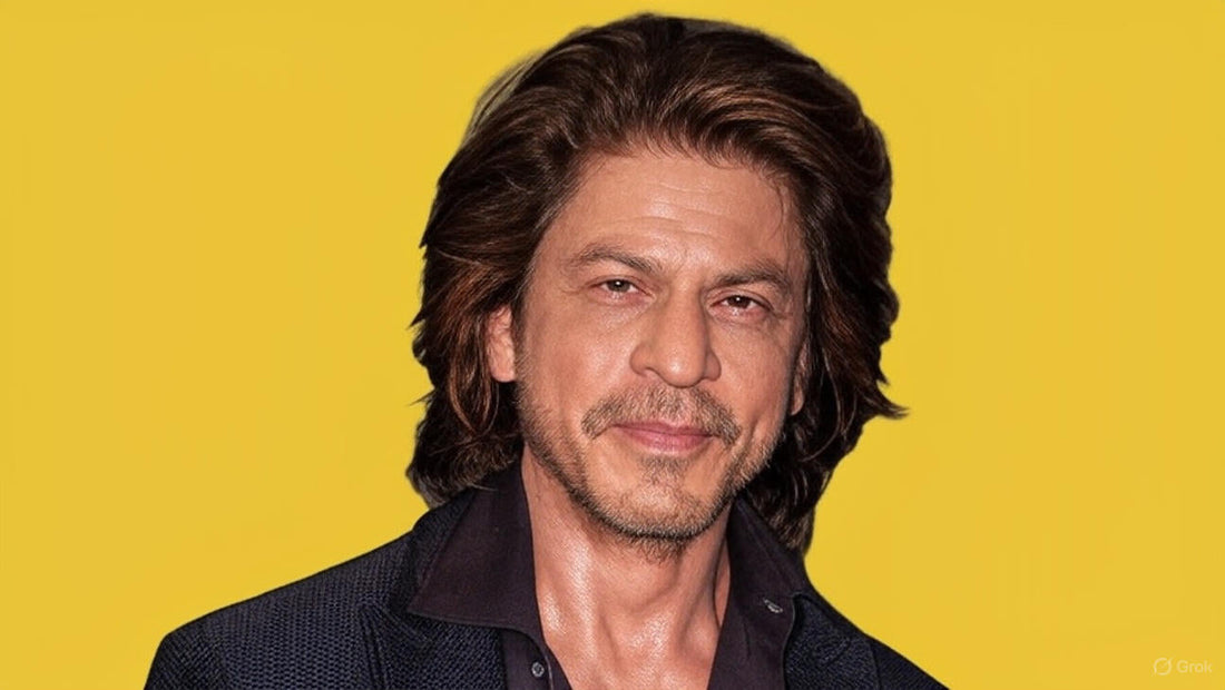 Bollywood superstar Shah Rukh Khan posing confidently in a black outfit, symbolizing global celebrity success