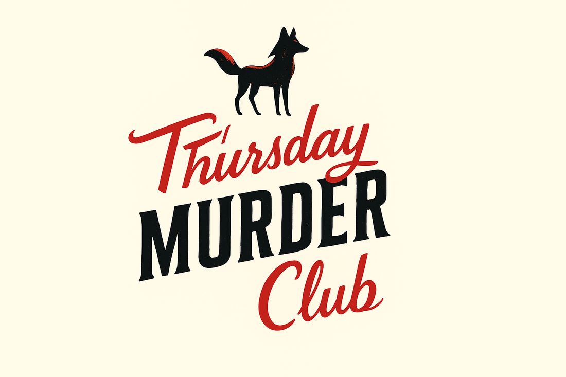 Minimalist design of The Thursday Murder Club title featuring a fox and vintage-style lettering.