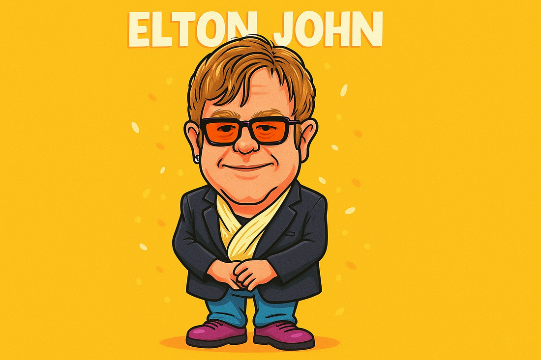 Cartoon-style sticker of Elton John in orange glasses, highlighting his connection to Spinal Tap’s new excerpt and podcast.