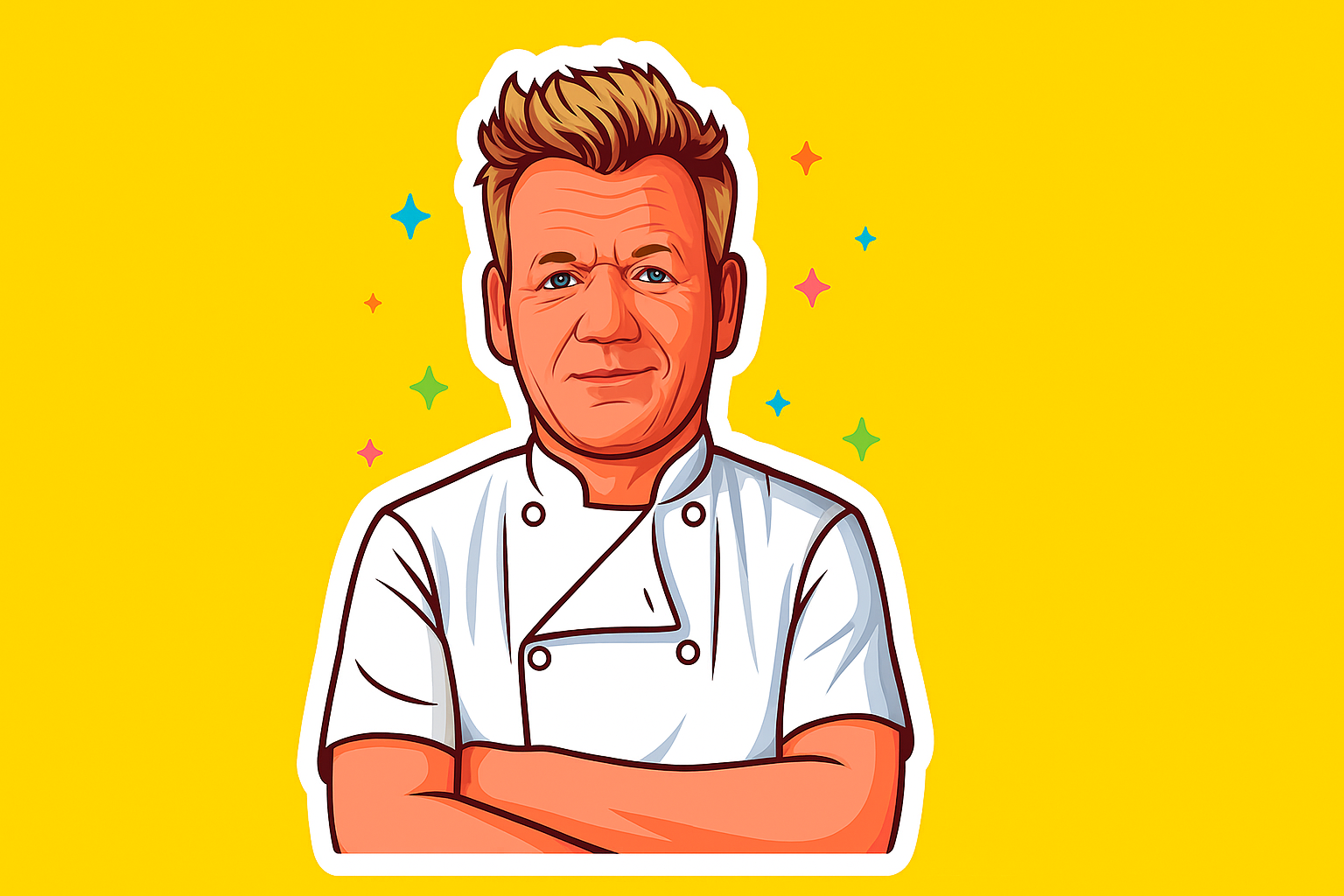 Digital art illustration of Gordon Ramsay against a bright background.