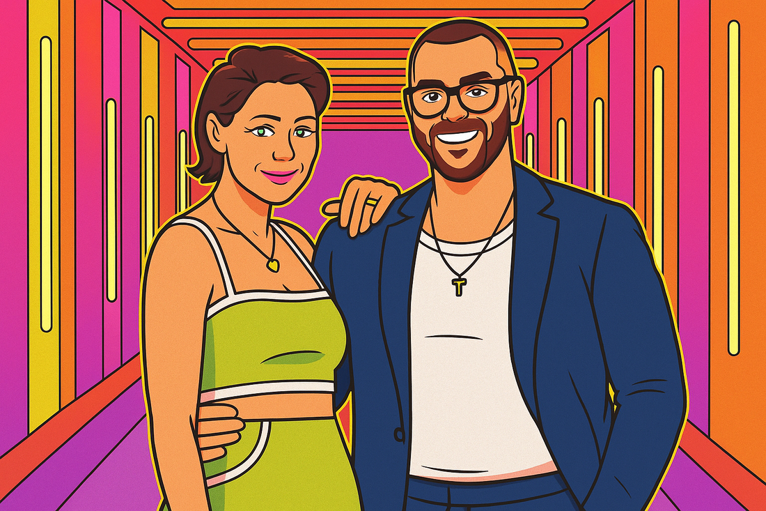 Couple from Love Is Blind UK Season 2 posing together in a vibrant neon-lit hallway