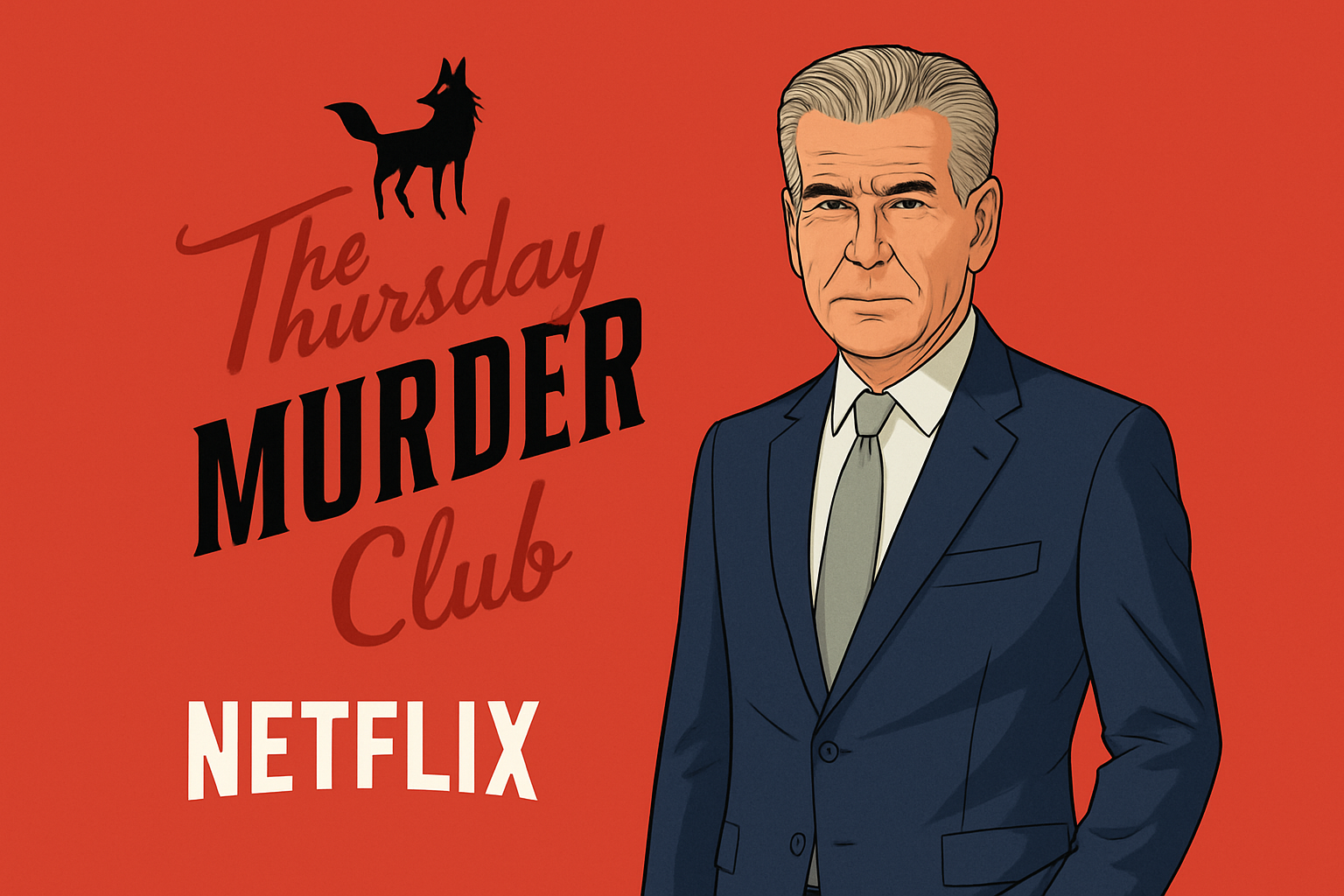 The Thursday Murder Club Netflix poster with Pierce Brosnan illustration, bold typography, and fox silhouette.