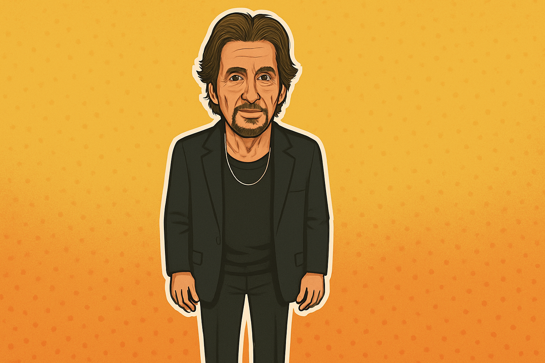 Digital art sticker of Al Pacino full-body portrait with bold outline and vibrant backdrop