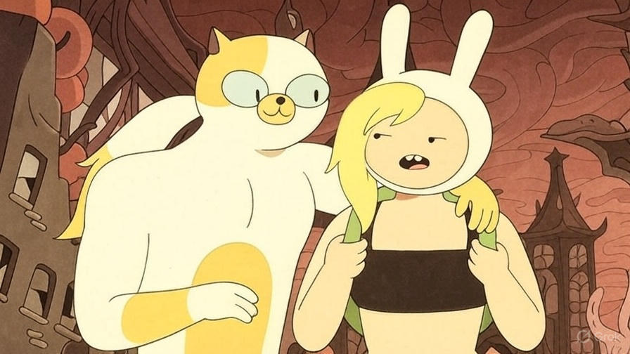 Promotional image for Adventure Time: Fionna and Cake Season 2 with Fionna, Cake, and Huntress Wizard in a colorful animated world.