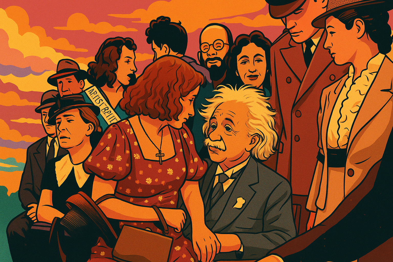 Historic black-and-white photo of Albert Einstein seated with Margot Einstein at the Palestine Pavilion