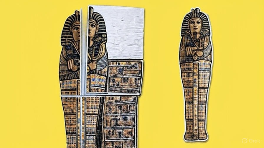 Ancient Egyptian coffin uncovered by experts showing preserved mummy and decorated hieroglyphs