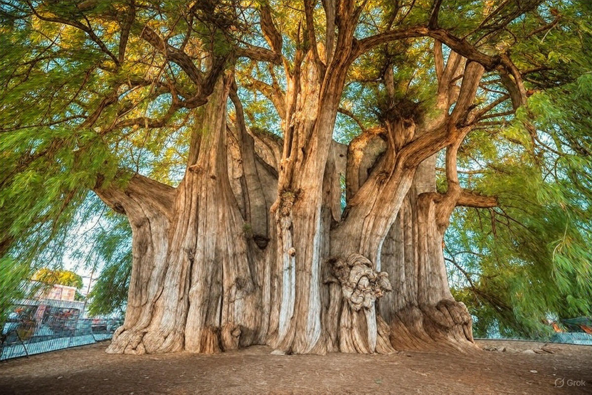 Giant Árbol del Tule tree showcasing its enormous canopy and cultural significance