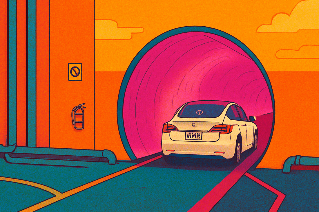 Interior view of the Boring Company tunnel showing white walls, dark floor, and ceiling lights in Bastrop