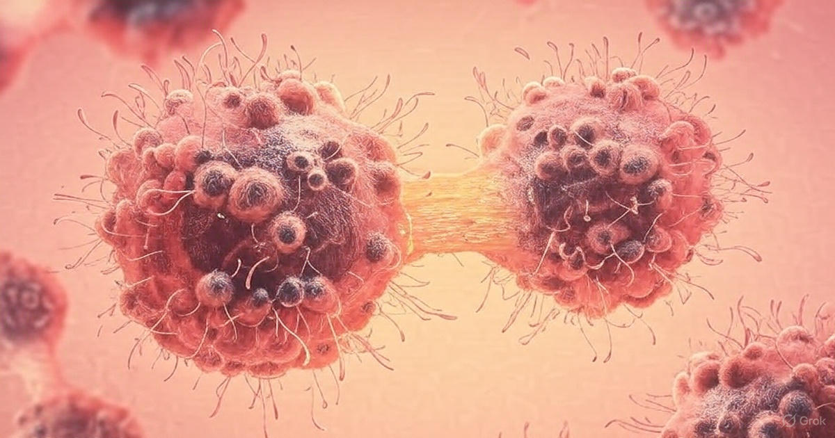 Scientific illustration of misfolded proteins overwhelming T-cells in cancer treatment