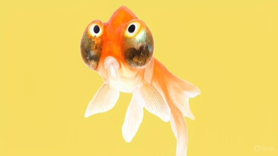 Elegant celestial eye goldfish swimming gracefully, highlighting its double tail and orange-white body.