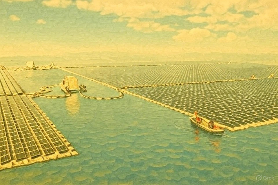 Aerial view of China’s floating solar panels on a lake for sustainable power