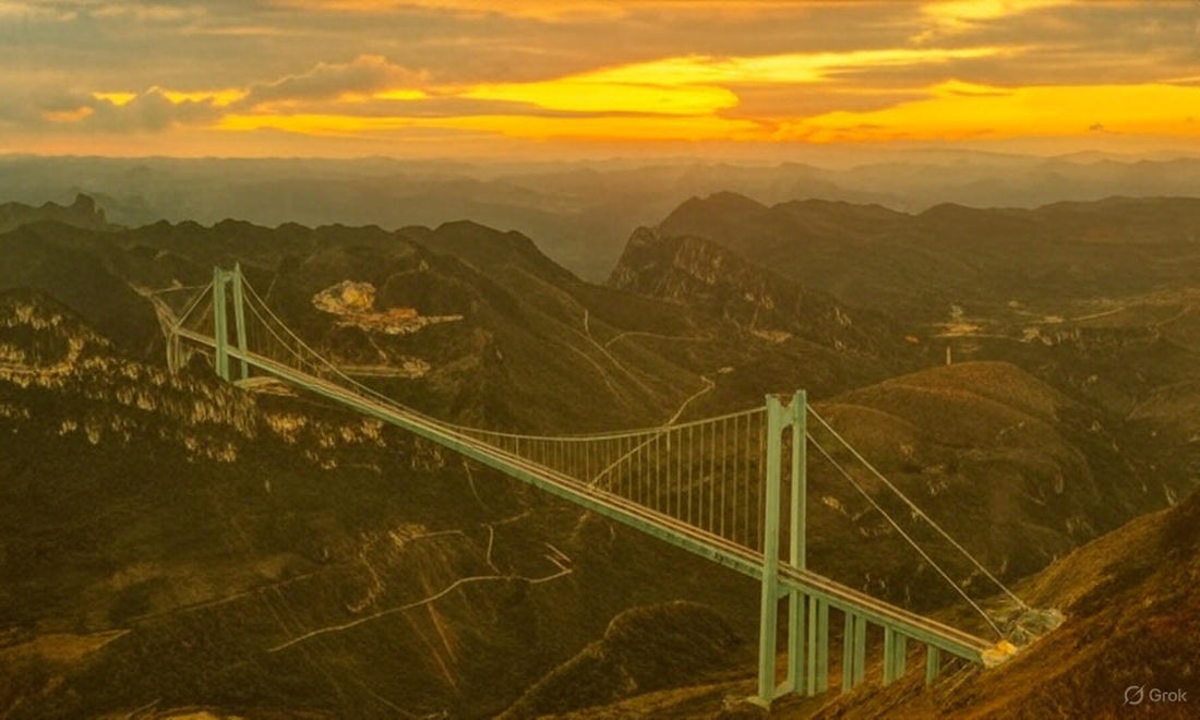 Panoramic view of Huajiang Grand Canyon Bridge with glass skywalk, waterfall, and tourist attractions
