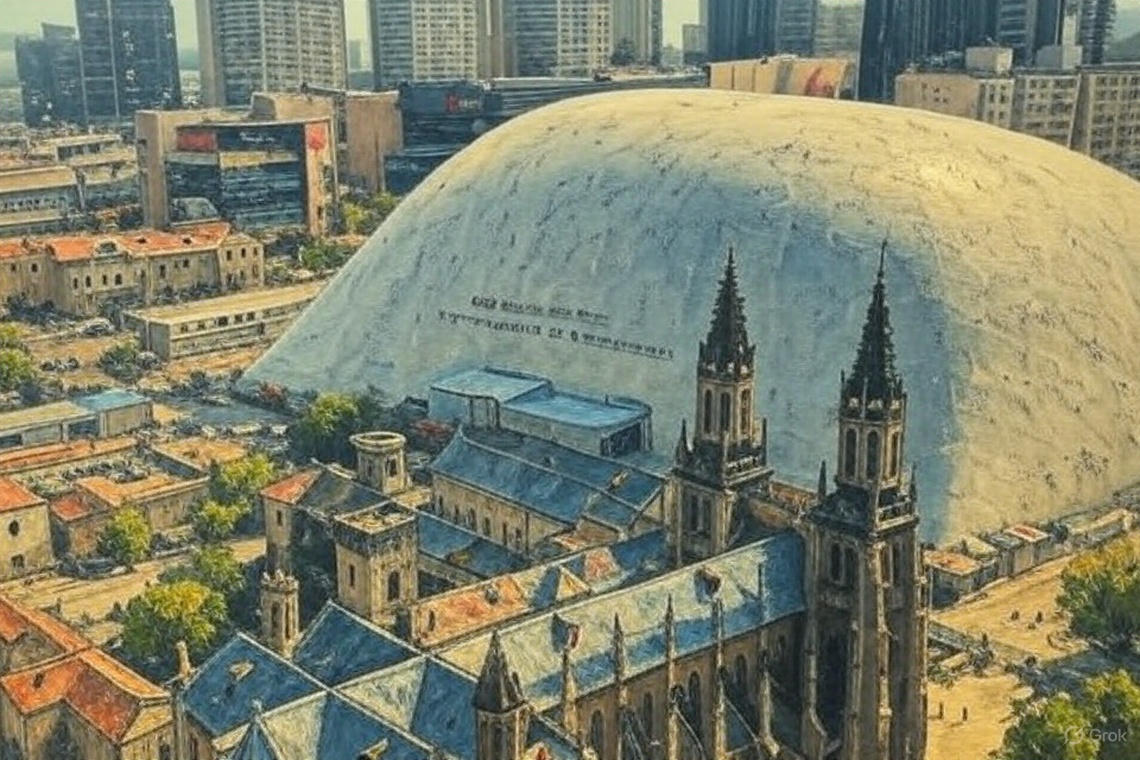 China’s eco-friendly inflatable dome technology protecting urban areas from construction pollution and noise.