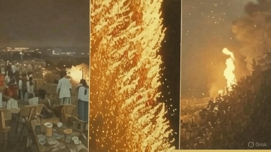 Drone show disaster in Liuyang, China with drones falling from the sky and emergency responders on site