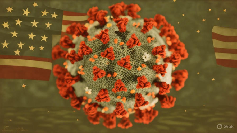 Illustration of the new COVID-19 Stratus (XFG) variant with virus particles and US map in the background