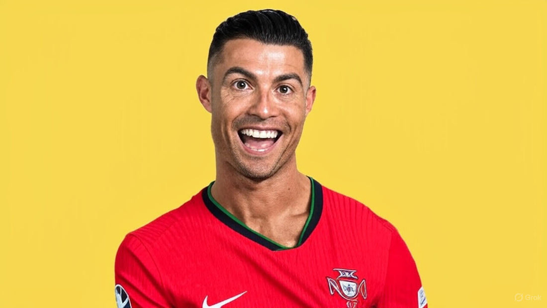 Cristiano Ronaldo smiling confidently off the pitch, showcasing his wealth, endorsements, and global brand success.