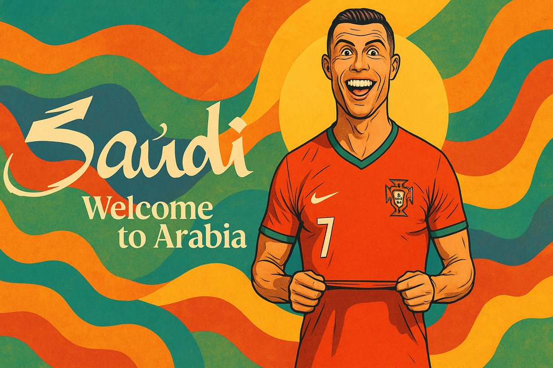 Black and white image of Cristiano Ronaldo featured in Visit Saudi Unreal Calendar sports and entertainment events