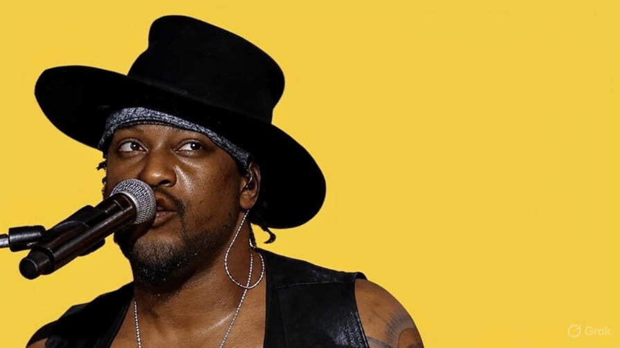 Black-and-white portrait of D’Angelo with jewelry, marking his legacy from 1974 to 2025