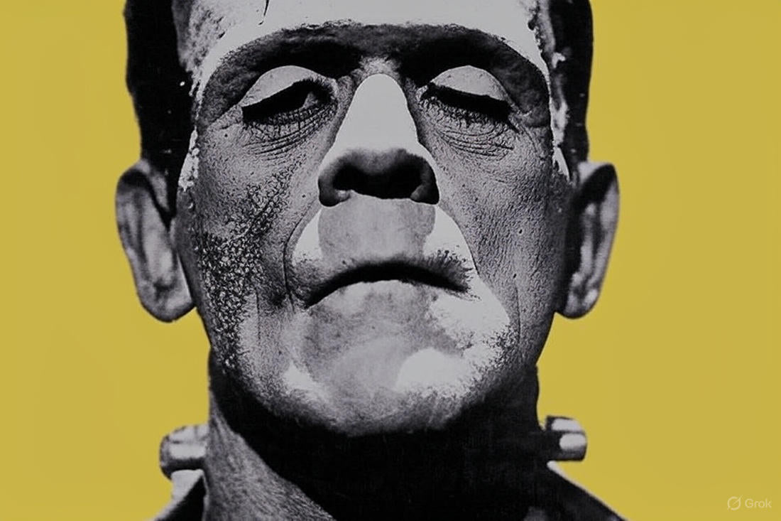Official Frankenstein movie poster showing Jacob Elordi and gothic visual style by Guillermo del Toro