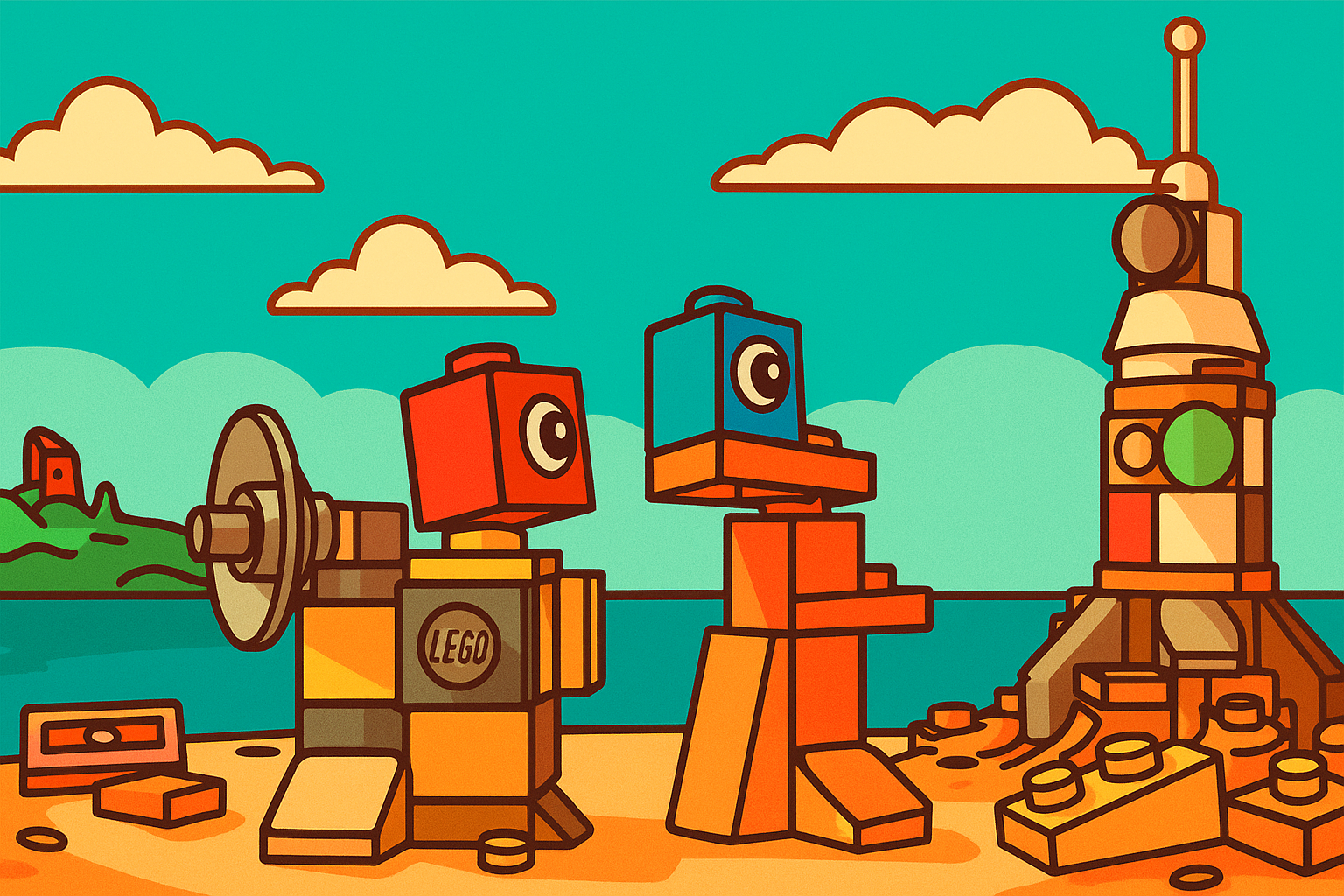 Vibrant LEGO Voyagers game scene showing original LEGO characters in a creative adventure world, highlighting cooperative play.