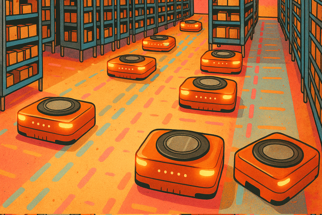 Orange automated robots moving goods in a modern fulfillment center