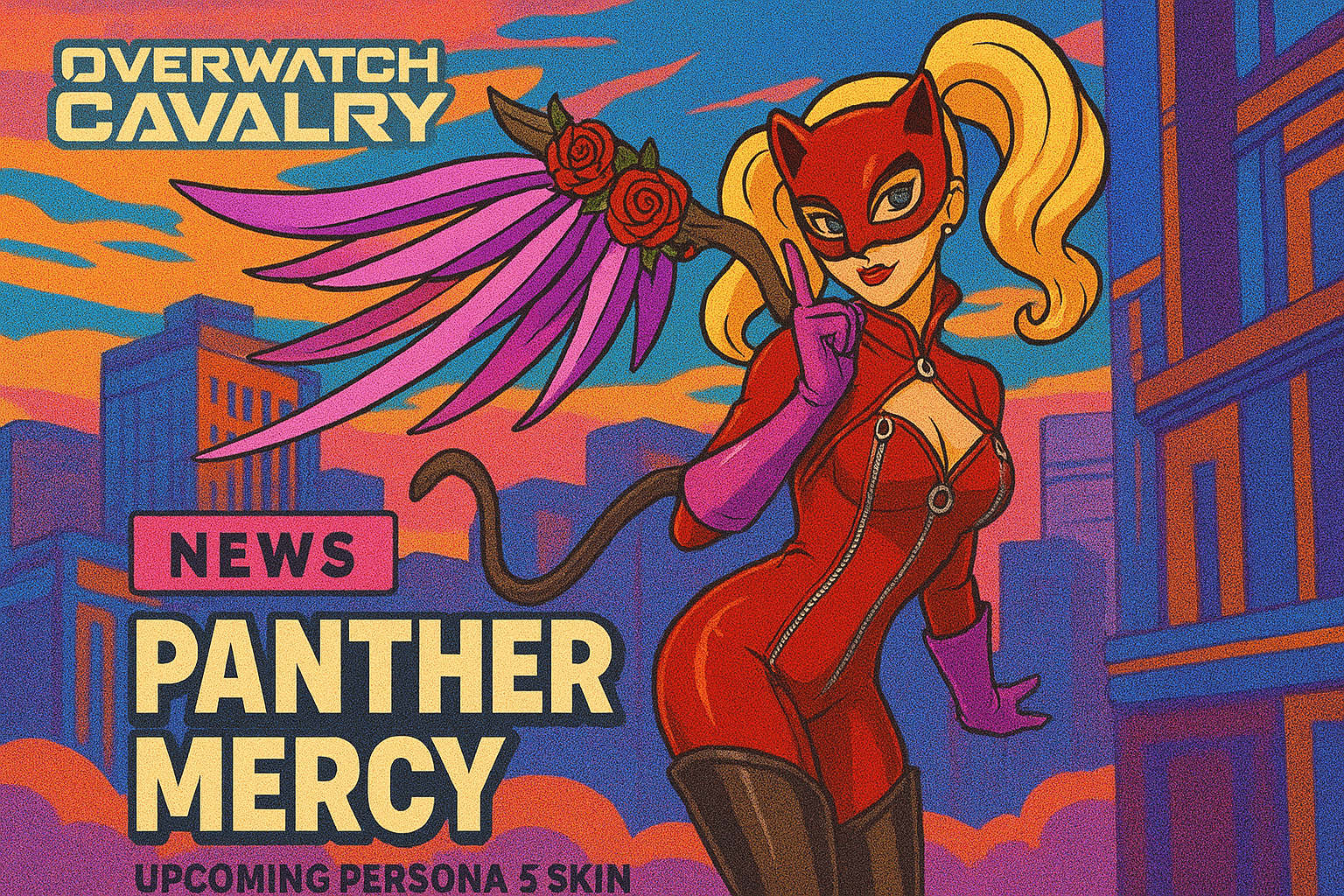 Overwatch 2 hero Mercy transformed into Panther from Persona 5 with red and purple outfit, wings, and rose details