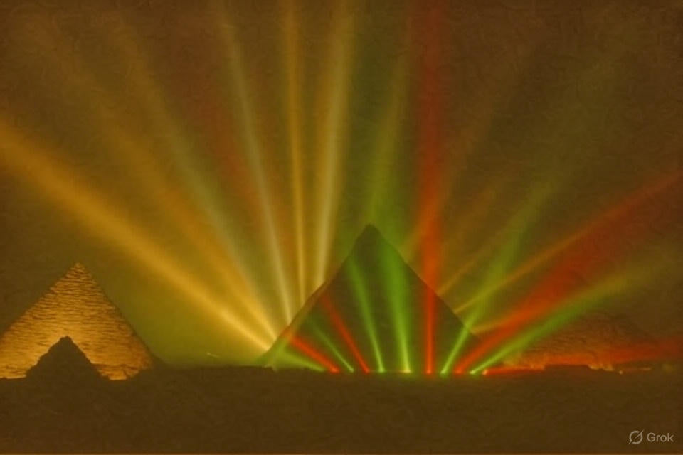 Crowd watching laser and spotlight show at the Pyramids of Giza, Egypt