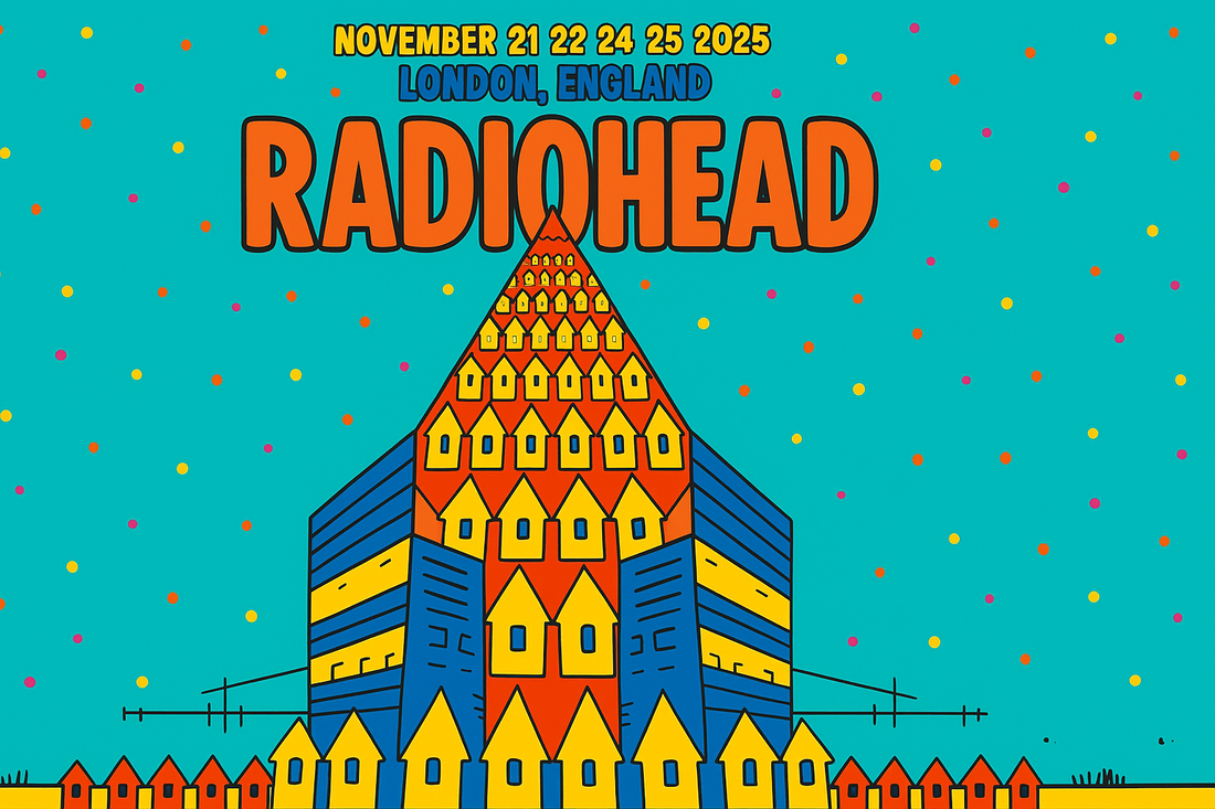 Radiohead tour dates 2025 posters hinting at concerts in London, Copenhagen, Madrid, Bologna, and Berlin