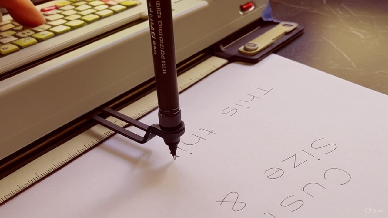 Mechanical arm of Rotring CS110 writing “Money Well Spent” on paper