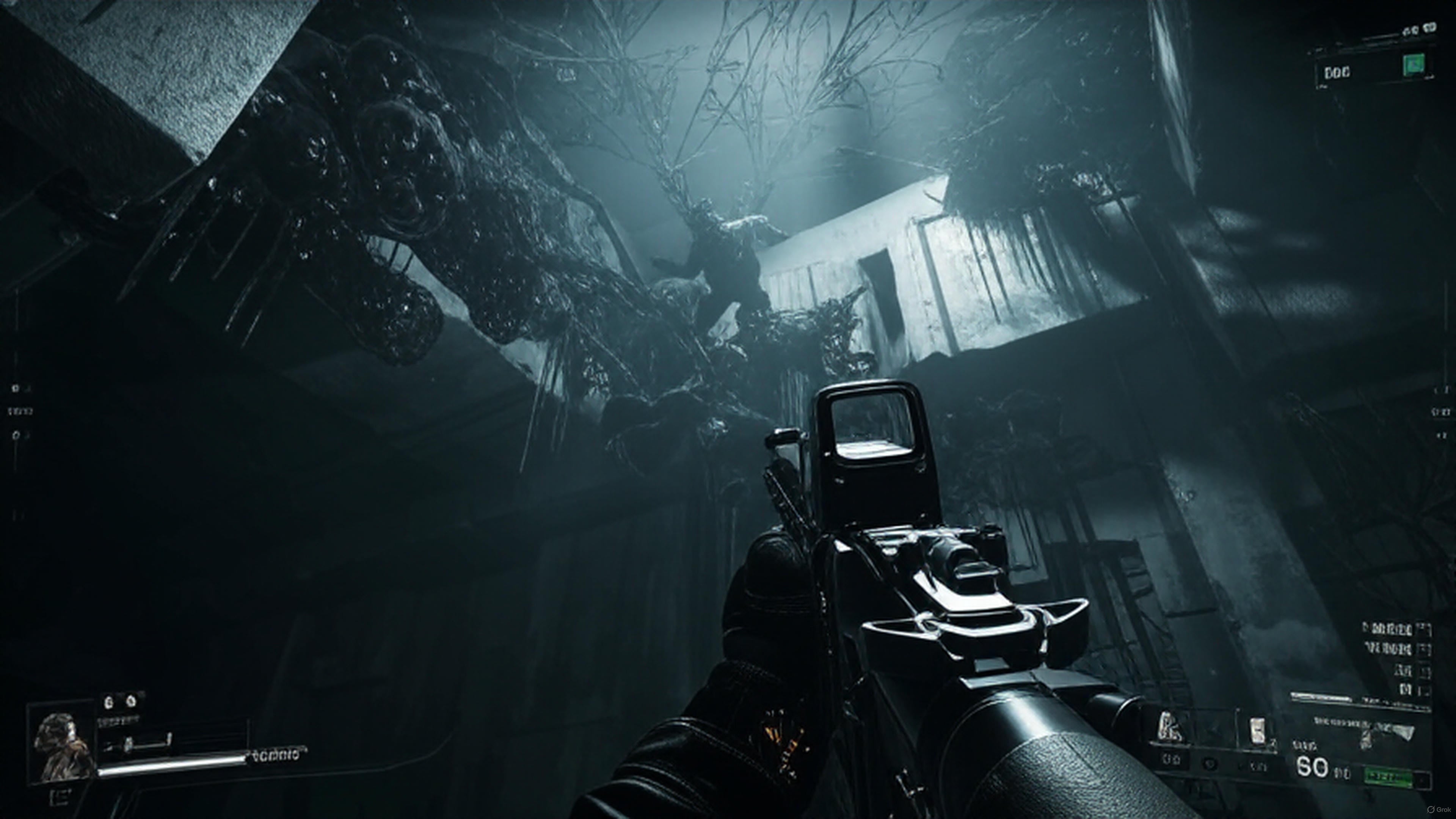 Gameplay concept art of Rules of Engagement: The Grey State with elite Strider characters battling interdimensional horrors in a foggy, ruined environment