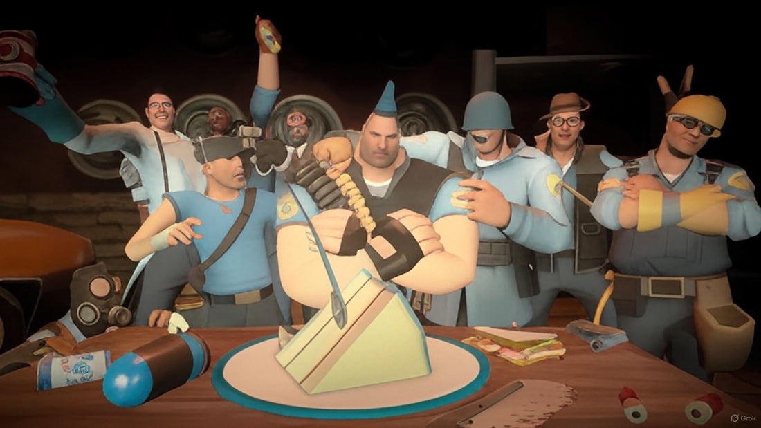 Celebrating 18 years of Team Fortress 2 with Scout, Soldier, Pyro, Demoman, Heavy, Engineer, Medic, Sniper, and Spy