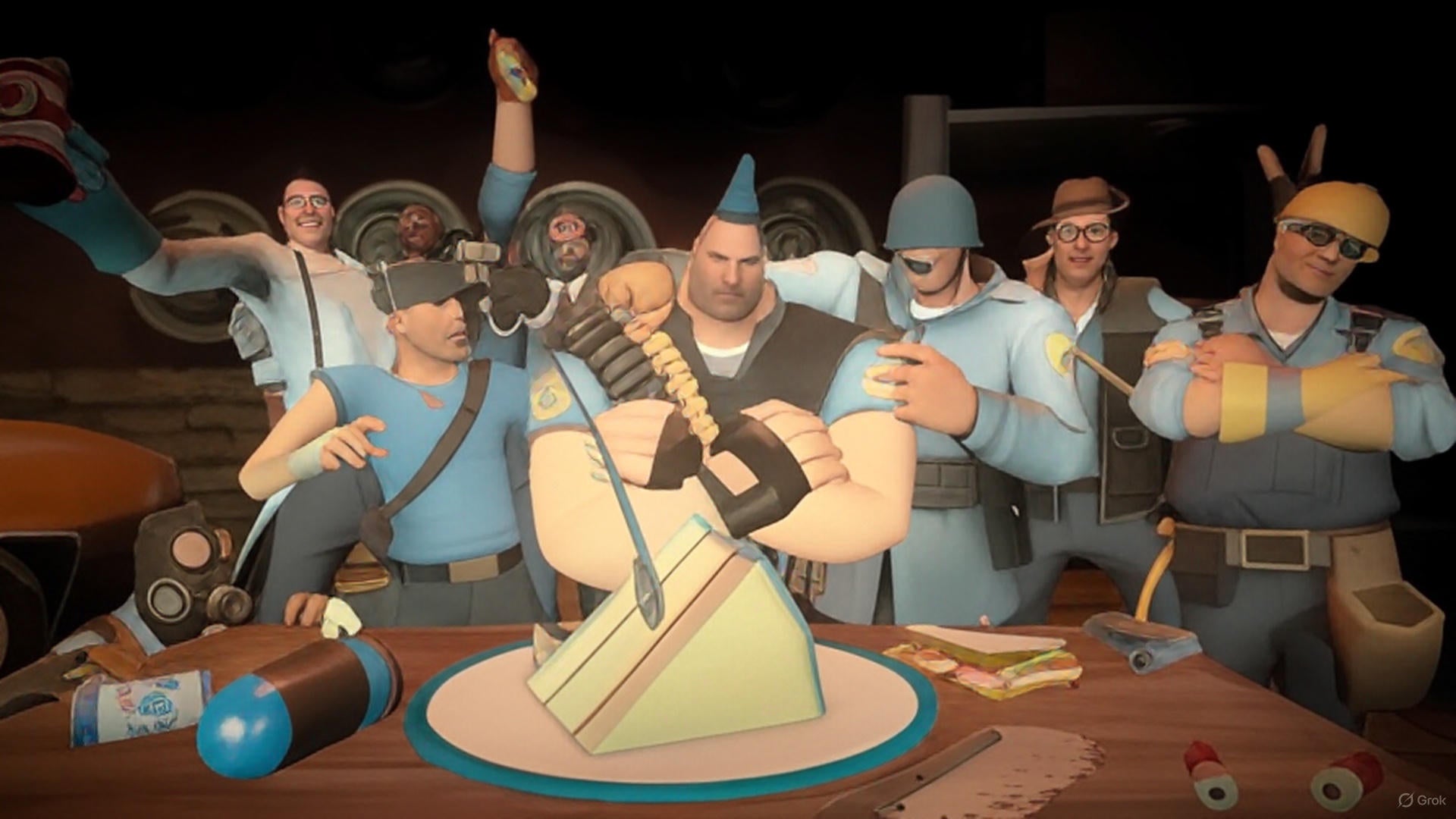 Celebrating 18 years of Team Fortress 2 with Scout, Soldier, Pyro, Demoman, Heavy, Engineer, Medic, Sniper, and Spy