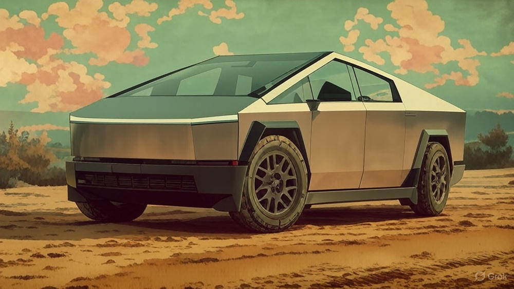 Electric Tesla Cybertruck navigating steep rocky terrain with stainless steel body in dramatic landscape