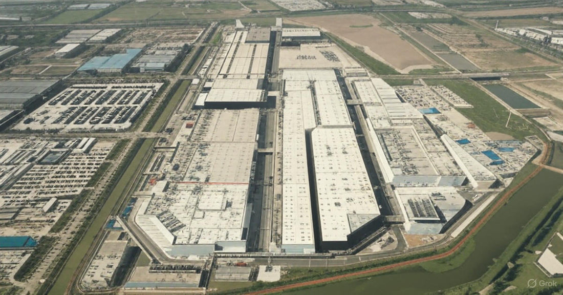 Aerial view of Tesla Model Y L vehicles parked at Gigafactory Shanghai, China