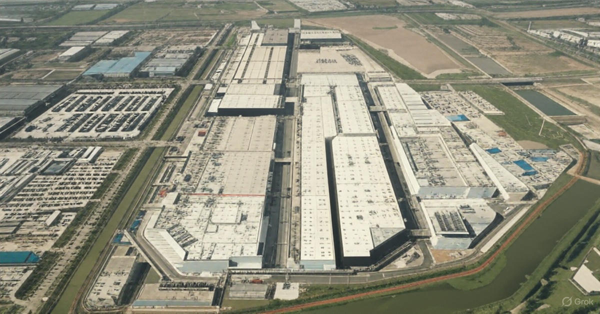 Aerial view of Tesla Model Y L vehicles parked at Gigafactory Shanghai, China