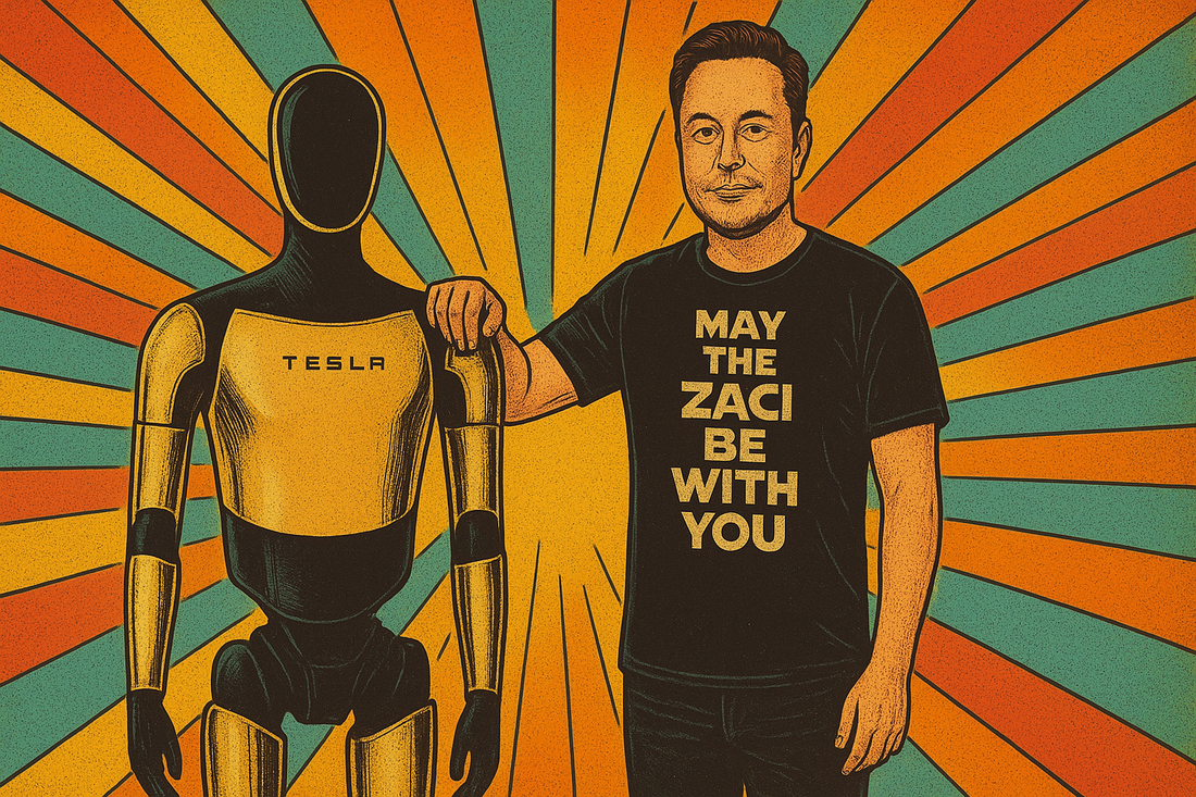 Tesla Optimus humanoid robot standing next to Elon Musk with "MAY THE AGI BE WITH YOU" T-shirt, 2025