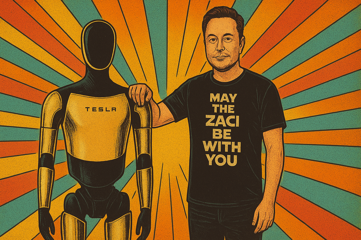 Tesla Optimus humanoid robot standing next to Elon Musk with "MAY THE AGI BE WITH YOU" T-shirt, 2025